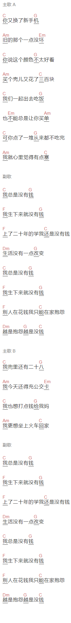 花粥《我总是没钱》吉他谱C调和弦谱(txt)1