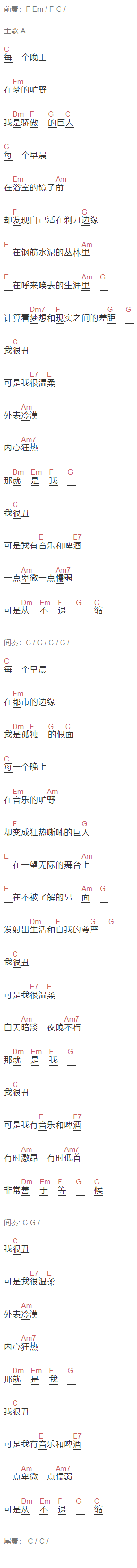 赵传《我很丑，可是我很温柔》吉他谱C调和弦谱(txt)1
