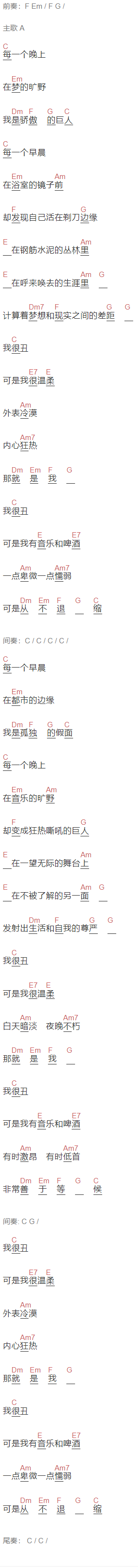 赵传《我很丑,可是我很温柔》吉他谱C调和弦谱(txt)1