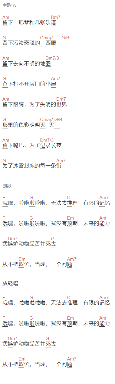 寒洛＆鼓润《我嫉妒动物受苦并死去》吉他谱C调和弦谱(txt)1