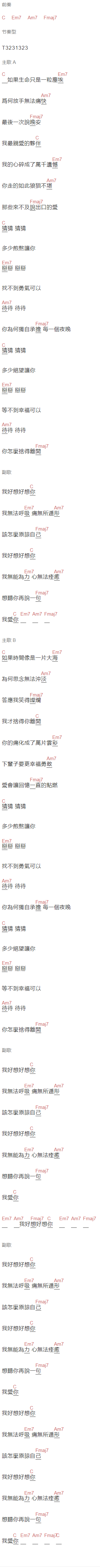 蕭秉治(廷廷)《我好想好想你》吉他谱C调和弦谱(txt)1
