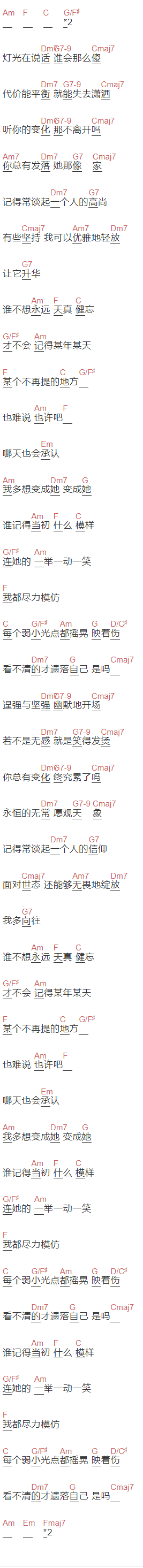 艾怡良《我多想变成她》吉他谱C调和弦谱(txt)1