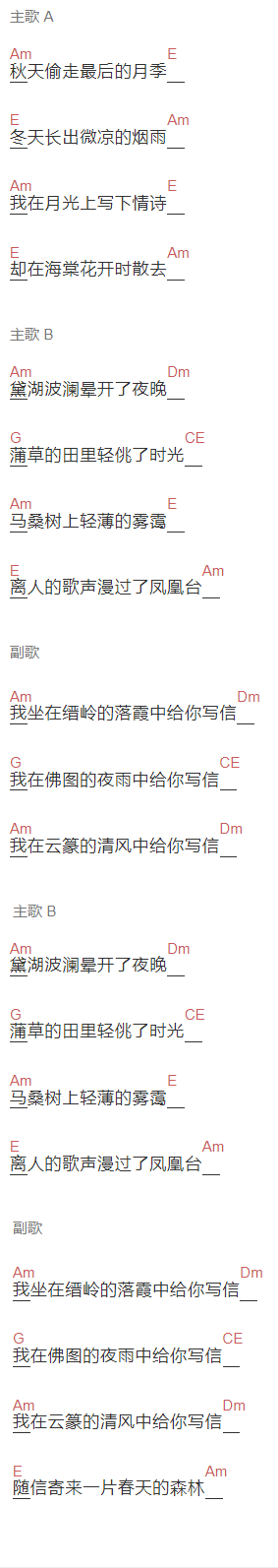 曾楠《我在重庆的冬天给你写信》吉他谱C调和弦谱(txt)1