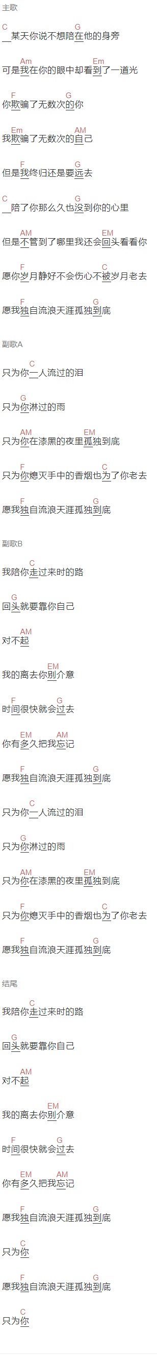 耿天《愿我独自流浪天涯孤独到底》吉他谱C调和弦谱(txt)1