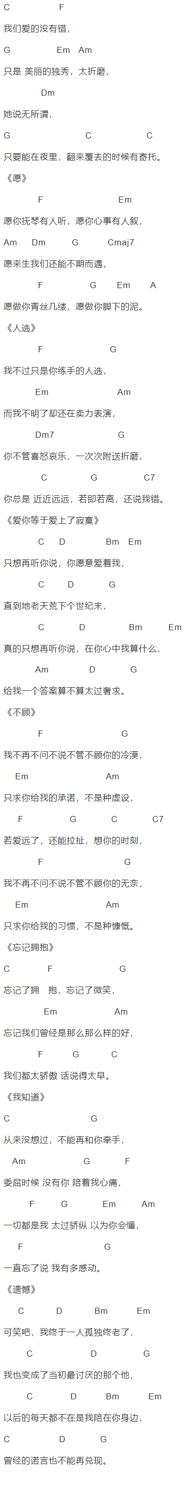 王巨星《愿你安好》吉他谱C调和弦谱(txt)1