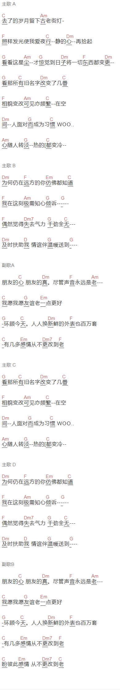 陈百强《感情到老》吉他谱C调和弦谱(txt)1