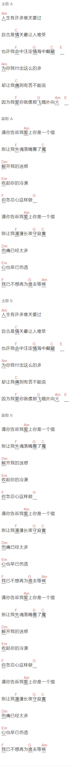 抖音：瑞文Rivn_《愛上你是一個錯》吉他谱C调和弦谱(txt)1