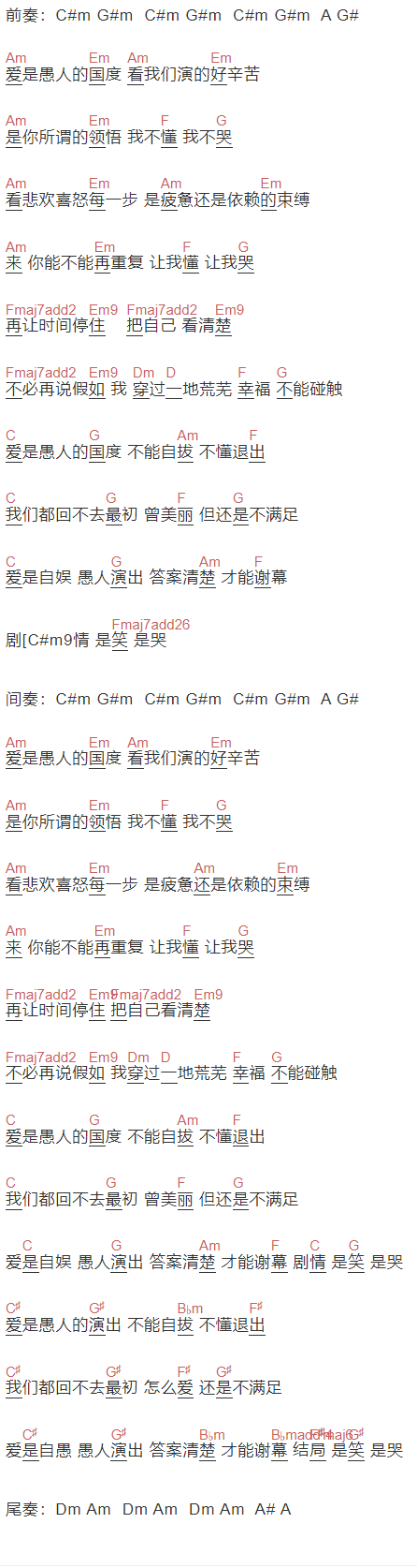 孙燕姿《愚人的国度》吉他谱C调和弦谱(txt)1