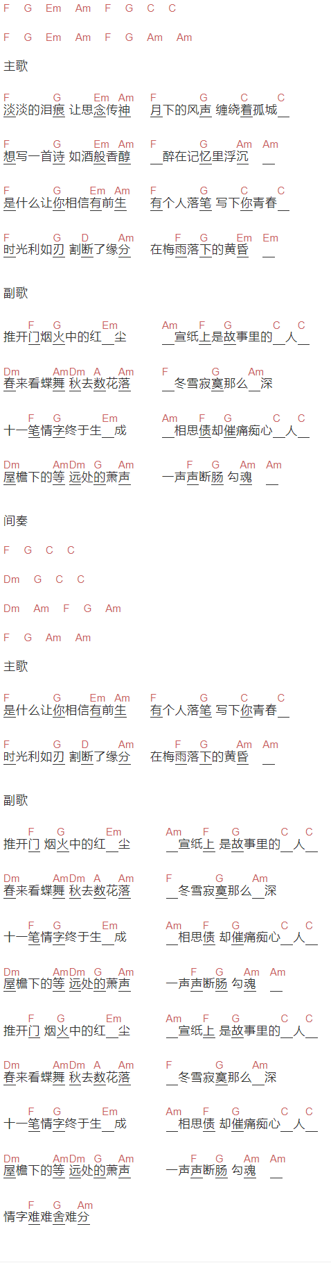 糯米nuomi《情字难》吉他谱C调和弦谱(txt)1