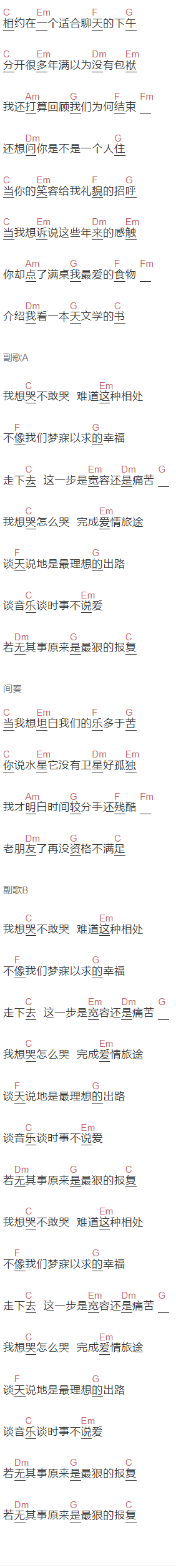 陈奕迅《想哭》吉他谱C调和弦谱(txt)1
