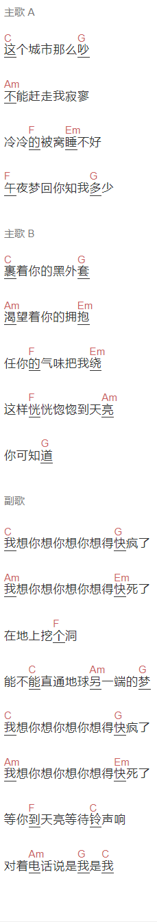 未知歌手《想你想疯了》吉他谱C调和弦谱(txt)1