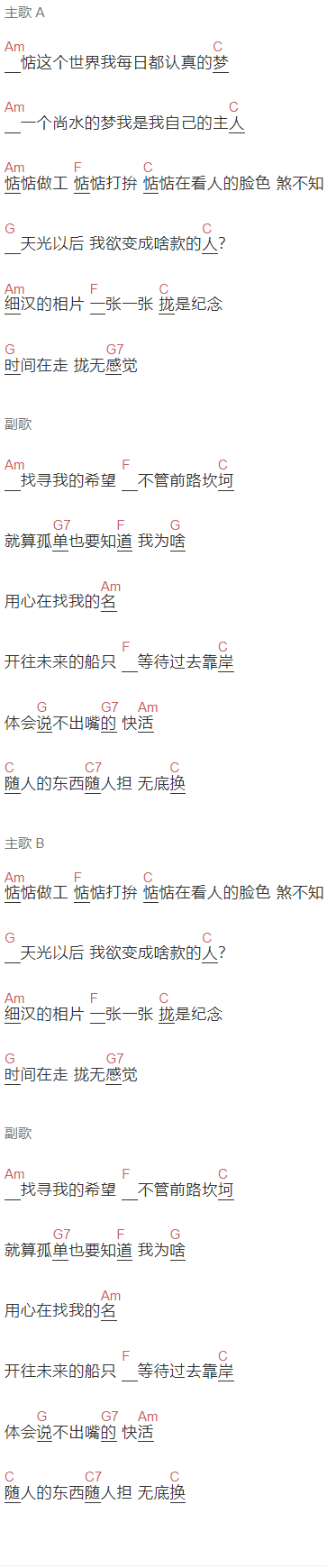 椅子乐团《惦惦的梦》吉他谱C调和弦谱(txt)1