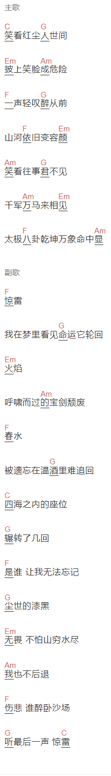 皮卡丘多多《惊雷抒情版》吉他谱C调和弦谱(txt)1