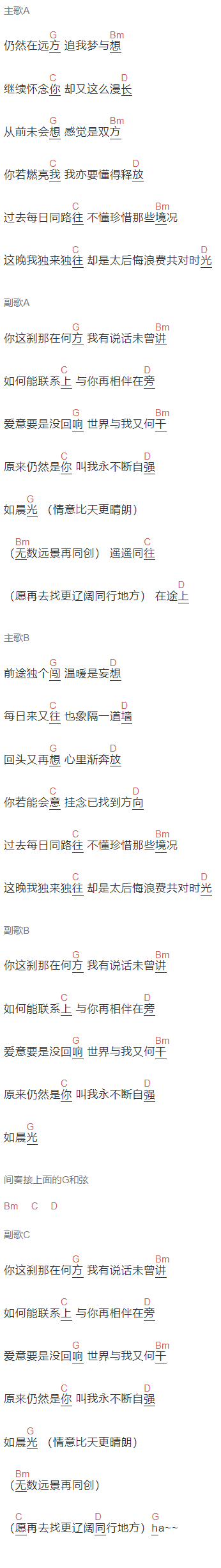  黎明《情深说话未曾讲》吉他谱C调和弦谱(txt)1