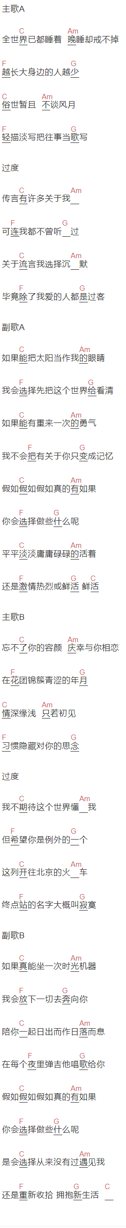 解忧邵帅《情深缘浅》吉他谱C调和弦谱(txt)1
