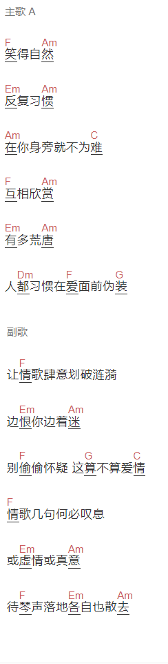 阿冗《情歌几句》吉他谱C调和弦谱(txt)1