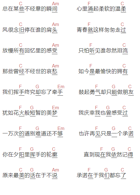 牛奶咖啡《忘了牵手》吉他谱C调和弦谱(txt)1