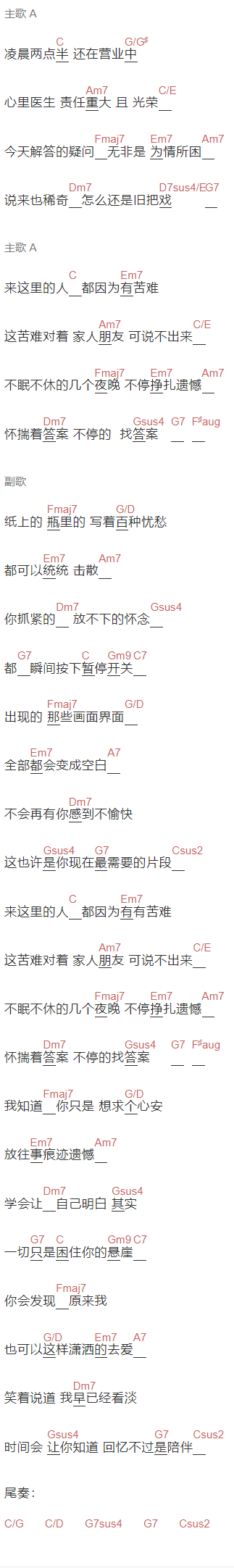 孟慧圆《心里医生》吉他谱C调和弦谱(txt)1