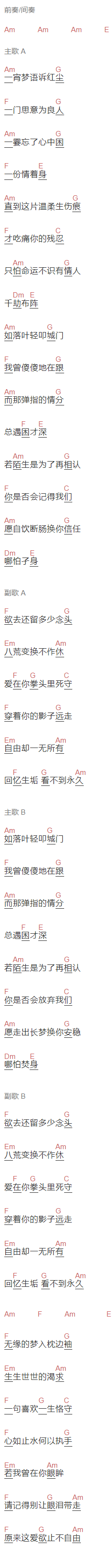 张碧晨《心欲止水》吉他谱C调和弦谱(txt)1