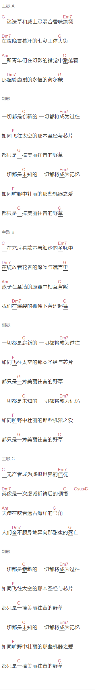 汪峰《往昔的野草》吉他谱C调和弦谱(txt)1