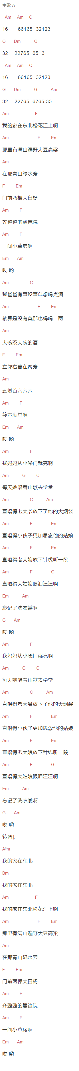 庞龙《家在东北》吉他谱C调和弦谱(txt)1