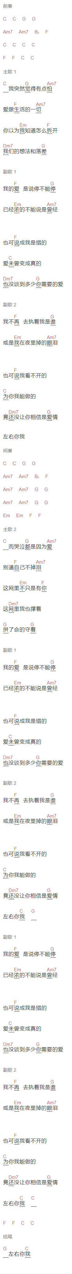 林俊杰《害怕》吉他谱C调和弦谱(txt)1