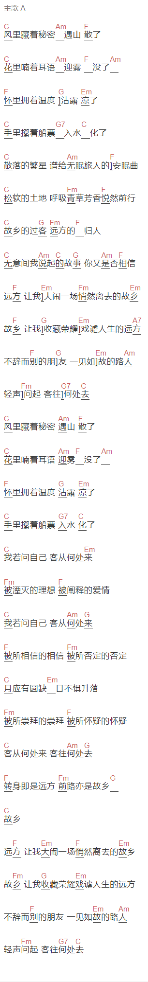 燕池《客从何处来》吉他谱C调和弦谱(txt)1