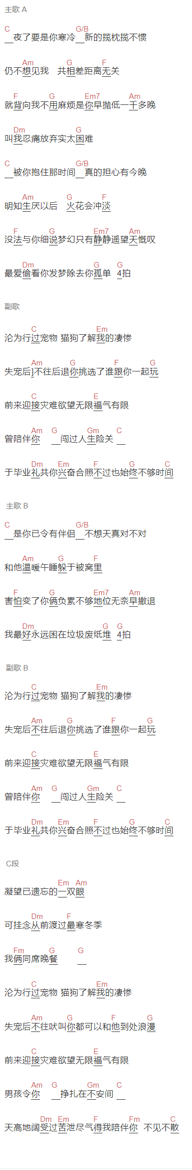 小肥《宠物》吉他谱C调和弦谱(txt)1