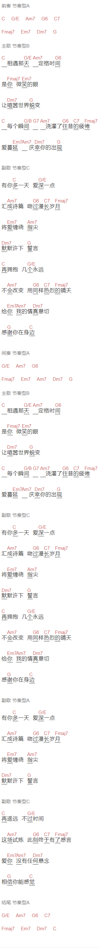 颜人中《定格》吉他谱C调和弦谱(txt)1
