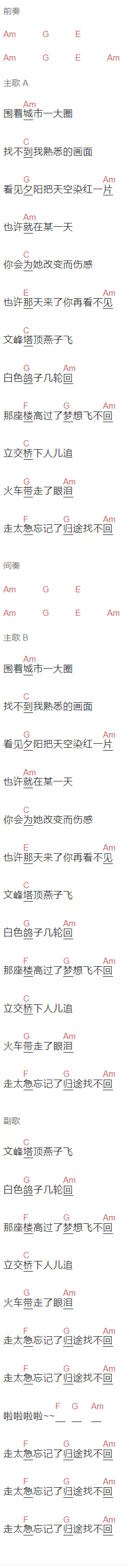 李晋《安阳安阳》吉他谱C调和弦谱(txt)1