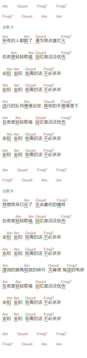 痛仰《安阳》吉他谱C调和弦谱(txt)1