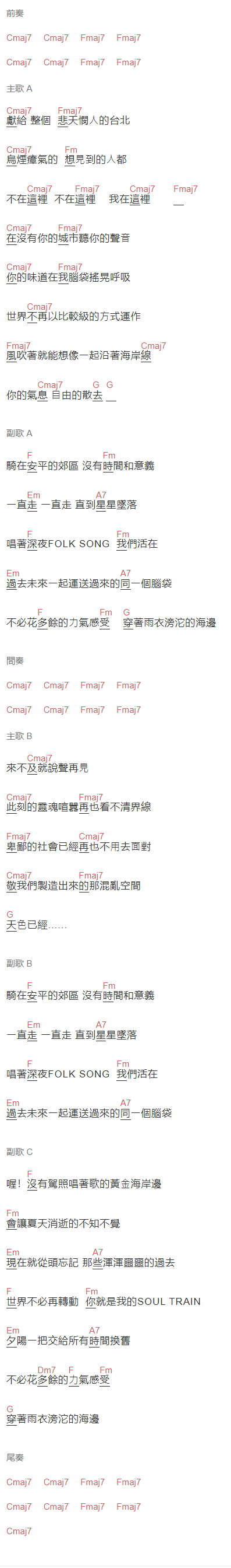 海豚刑警《安平之光》吉他谱C调和弦谱(txt)1