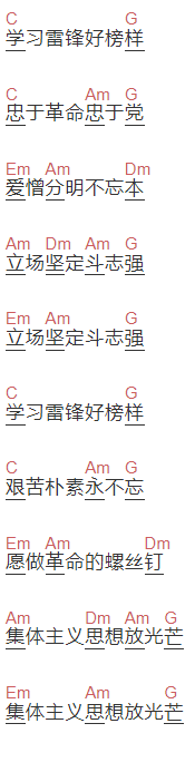 红歌《学习雷锋好榜样》吉他谱C调和弦谱(txt)1
