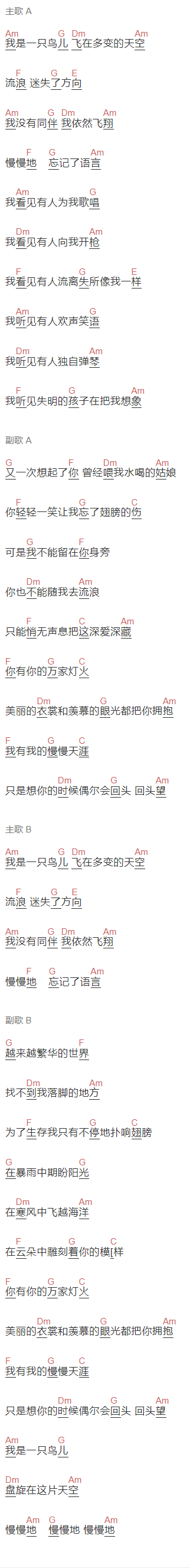 靳松《孤鸟》吉他谱C调和弦谱(txt)1
