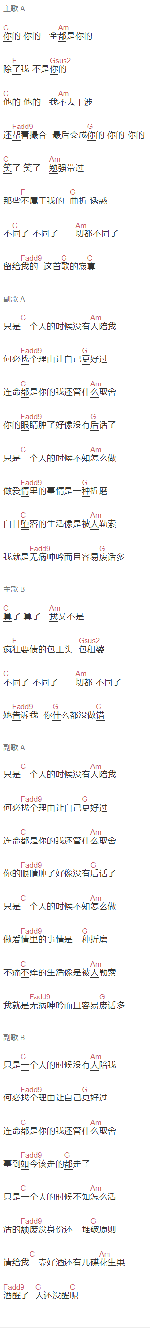 厘小白《孤记》吉他谱C调和弦谱(txt)1