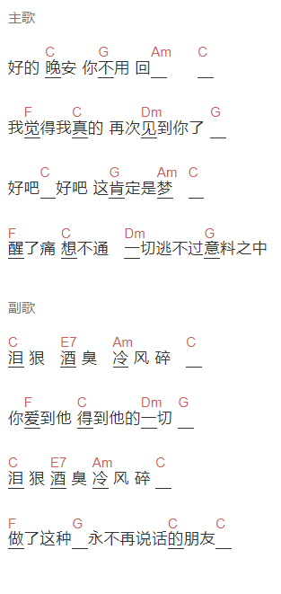 邓见超《好的 晚安》吉他谱C调和弦谱(txt)1