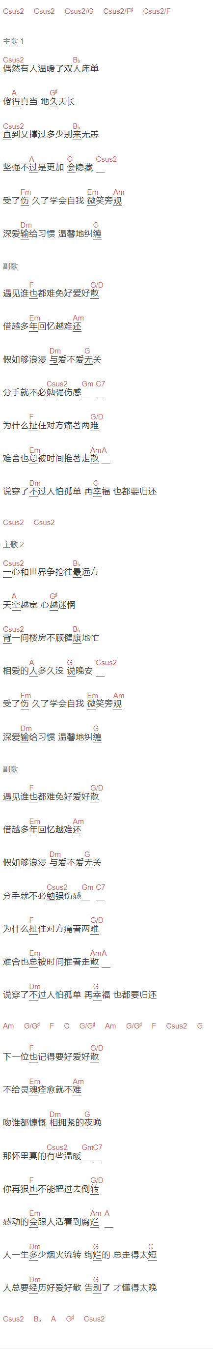  陈势安《好爱好散》吉他谱C调和弦谱(txt)1