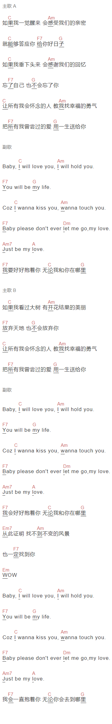 陈伟霆《好想抱着你》吉他谱C调和弦谱(txt)1
