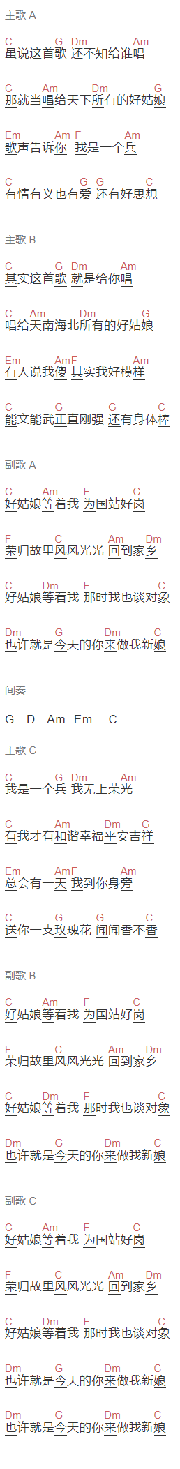 军旅《好姑娘等着我》吉他谱C调和弦谱(txt)1