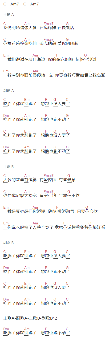铁热沁夫《吃胖了你就别跑了》吉他谱C调和弦谱(txt)1