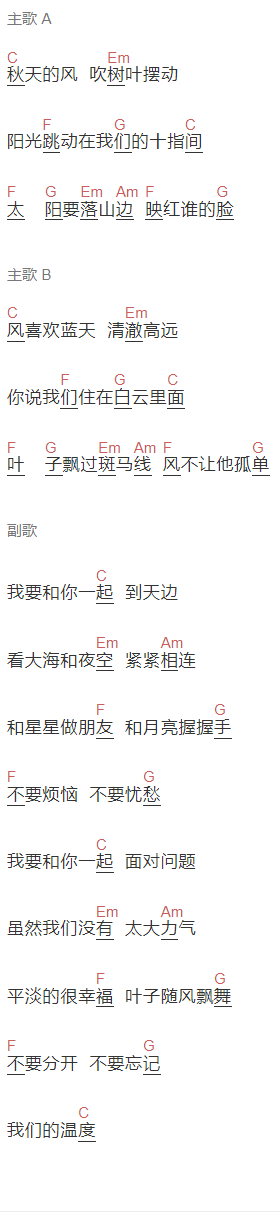 末子皮《叶子风》吉他谱C调和弦谱(txt)1