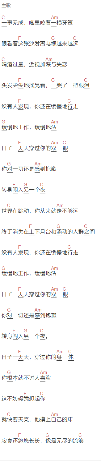 伤心欲绝《台北流浪指南》吉他谱C调和弦谱(txt)1