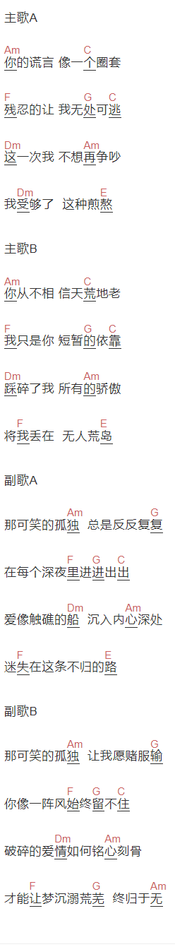 老板《可笑的孤独》吉他谱C调和弦谱(txt)1