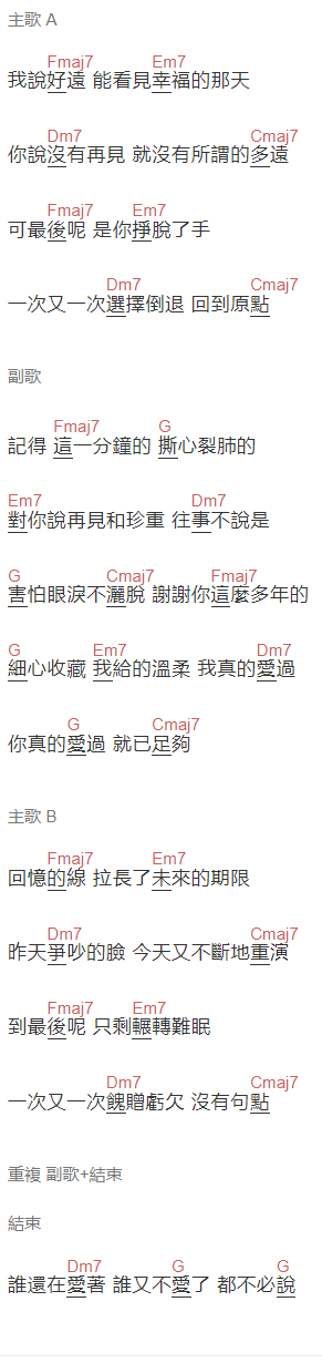任然《可最后》吉他谱C调和弦谱(txt)1