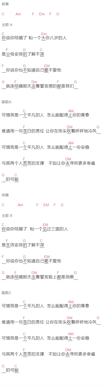 付豪《可惜我是一个平凡的人》吉他谱C调和弦谱(txt)1