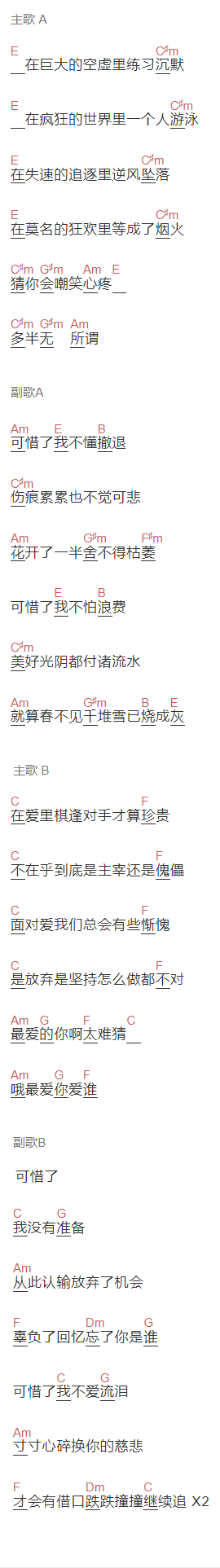 齐秦,莫文蔚《可惜了》吉他谱C调和弦谱(txt)1