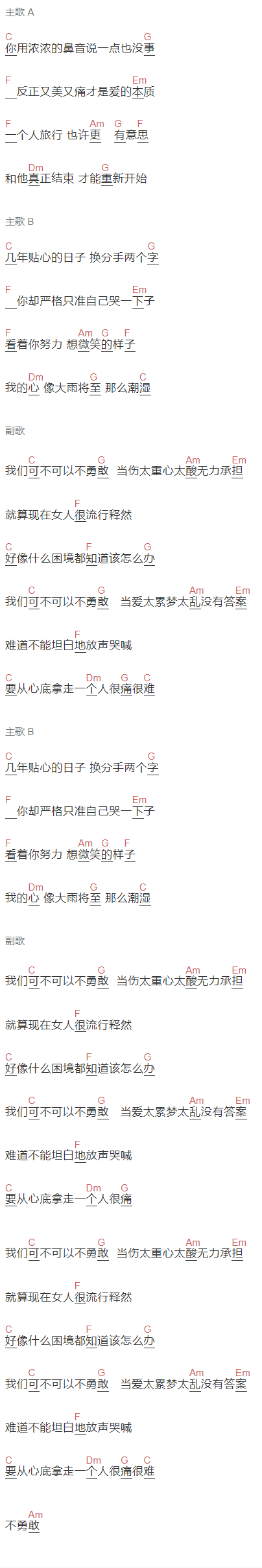 范玮琪《可不可以勇敢》吉他谱C调和弦谱(txt)1