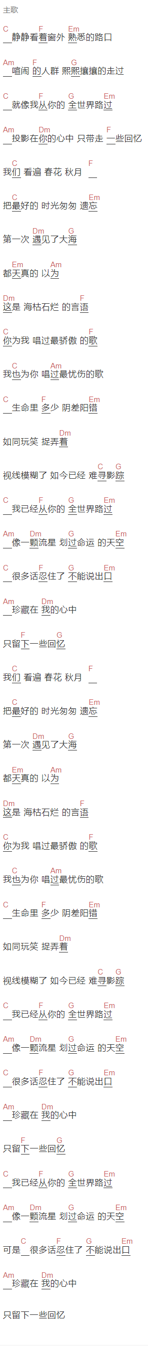 牛奶@咖啡《从你的全世界路过》吉他谱C调和弦谱(txt)1
