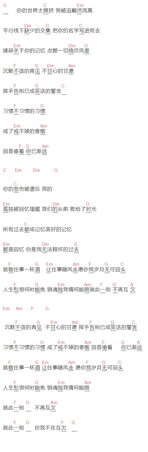  解忧邵帅《不甘心的甘愿》吉他谱C调和弦谱(txt)1