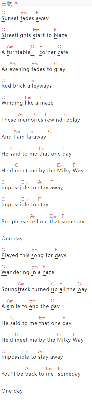 孙盛希《Someday or One Day》吉他谱C调和弦谱(txt)1